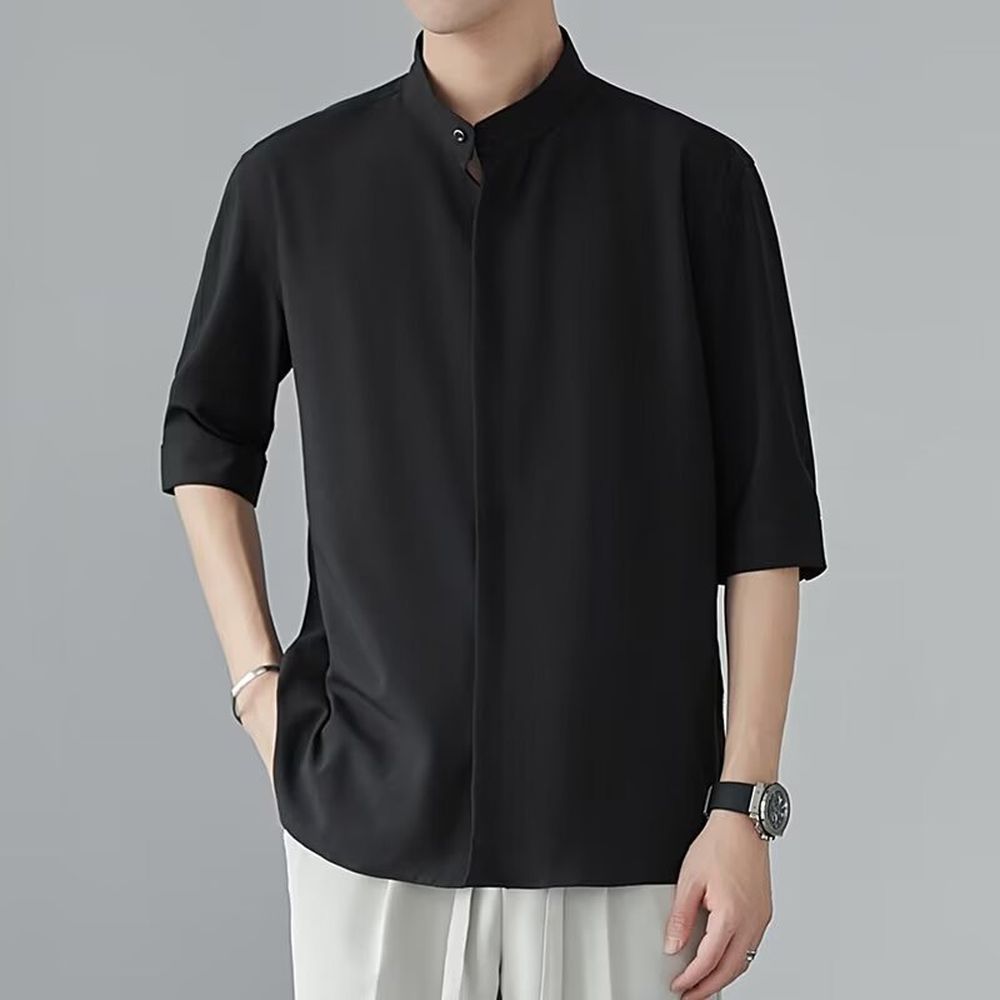 Men's Ice Silk Short Sleeve Shirt with Stand Collar