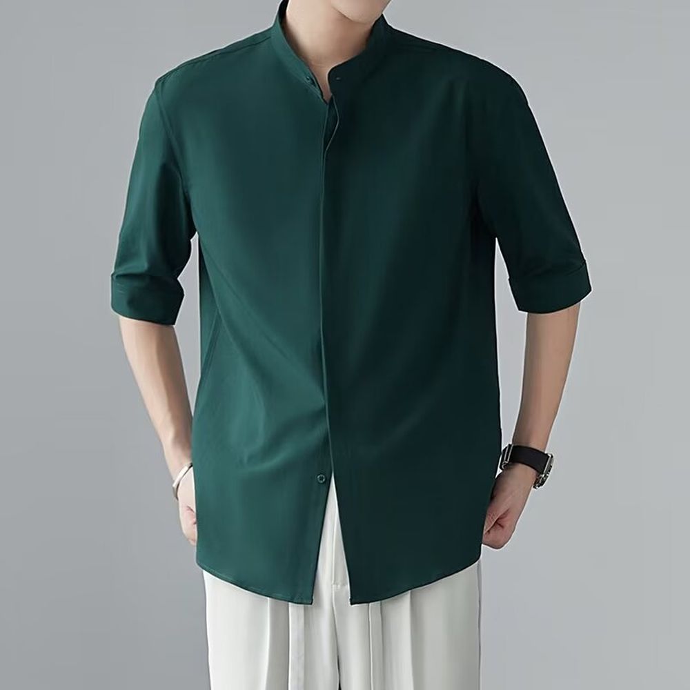Men's Ice Silk Short Sleeve Shirt with Stand Collar